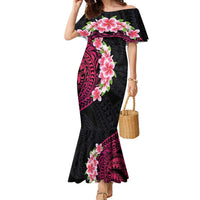 Hawaiian Tropical Plumeria Art Polynesian Tattoo Family Matching Mermaid Dress and Hawaiian Shirt Black and Bright Pink Color LT03 Mom's Dress Pink - Polynesian Pride