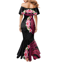 Hawaiian Tropical Plumeria Art Polynesian Tattoo Family Matching Mermaid Dress and Hawaiian Shirt Black and Bright Pink Color LT03 - Polynesian Pride