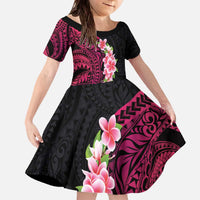 Hawaiian Tropical Plumeria Art Polynesian Tattoo Family Matching Off The Shoulder Long Sleeve Dress and Hawaiian Shirt Black and Bright Pink Color LT03 Daughter's Dress Pink - Polynesian Pride