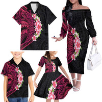 Hawaiian Tropical Plumeria Art Polynesian Tattoo Family Matching Off The Shoulder Long Sleeve Dress and Hawaiian Shirt Black and Bright Pink Color LT03 - Polynesian Pride