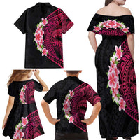 Hawaiian Tropical Plumeria Art Polynesian Tattoo Family Matching Off Shoulder Maxi Dress and Hawaiian Shirt Black and Bright Pink Color LT03 - Polynesian Pride