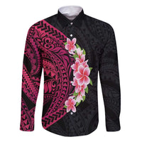 Hawaiian Tropical Plumeria Art Polynesian Tattoo Family Matching Off Shoulder Maxi Dress and Hawaiian Shirt Black and Bright Pink Color LT03 Dad's Shirt - Long Sleeve Pink - Polynesian Pride