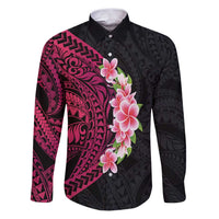 Hawaiian Tropical Plumeria Art Polynesian Tattoo Family Matching Puletasi and Hawaiian Shirt Black and Bright Pink Color LT03 Dad's Shirt - Long Sleeve Pink - Polynesian Pride