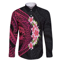 Hawaiian Tropical Plumeria Art Polynesian Tattoo Family Matching Short Sleeve Bodycon Dress and Hawaiian Shirt Black and Bright Pink Color LT03 Dad's Shirt - Long Sleeve Pink - Polynesian Pride