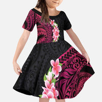 Hawaiian Tropical Plumeria Art Polynesian Tattoo Family Matching Summer Maxi Dress and Hawaiian Shirt Black and Bright Pink Color LT03 Daughter's Dress Pink - Polynesian Pride