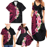 Hawaiian Tropical Plumeria Art Polynesian Tattoo Family Matching Summer Maxi Dress and Hawaiian Shirt Black and Bright Pink Color LT03 - Polynesian Pride