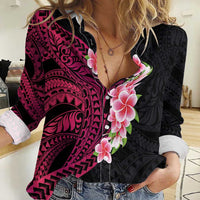 Hawaiian Tropical Plumeria Art Polynesian Tattoo Women Casual Shirt Black and Bright Pink Color LT03 Female Pink - Polynesian Pride