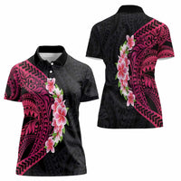 Hawaiian Tropical Plumeria Art Polynesian Tattoo Women Polo Shirt Black and Bright Pink Color LT03 - Polynesian Pride