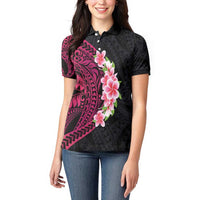 Hawaiian Tropical Plumeria Art Polynesian Tattoo Women Polo Shirt Black and Bright Pink Color LT03 - Polynesian Pride