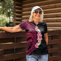 Hawaiian Tropical Plumeria Art Polynesian Tattoo Women Polo Shirt Black and Bright Pink Color LT03 - Polynesian Pride