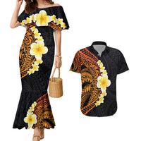 Hawaiian Tropical Plumeria Art Polynesian Tattoo Couples Matching Mermaid Dress and Hawaiian Shirt Black and Autumn Color Theme LT03 Orange - Polynesian Pride