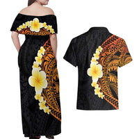 Hawaiian Tropical Plumeria Art Polynesian Tattoo Couples Matching Off Shoulder Maxi Dress and Hawaiian Shirt Black and Autumn Color Theme LT03 - Polynesian Pride