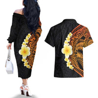 Hawaiian Tropical Plumeria Art Polynesian Tattoo Couples Matching Off The Shoulder Long Sleeve Dress and Hawaiian Shirt Black and Autumn Color Theme