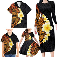 Hawaiian Tropical Plumeria Art Polynesian Tattoo Family Matching Long Sleeve Bodycon Dress and Hawaiian Shirt Black and Autumn Color Theme LT03 - Polynesian Pride