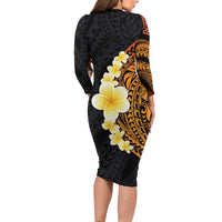 Hawaiian Tropical Plumeria Art Polynesian Tattoo Family Matching Long Sleeve Bodycon Dress and Hawaiian Shirt Black and Autumn Color Theme LT03 - Polynesian Pride