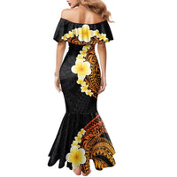 Hawaiian Tropical Plumeria Art Polynesian Tattoo Family Matching Mermaid Dress and Hawaiian Shirt Black and Autumn Color Theme LT03 - Polynesian Pride