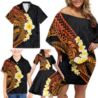 Hawaiian Tropical Plumeria Art Polynesian Tattoo Family Matching Off Shoulder Short Dress and Hawaiian Shirt Black and Autumn Color Theme LT03 - Polynesian Pride