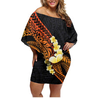 Hawaiian Tropical Plumeria Art Polynesian Tattoo Family Matching Off Shoulder Short Dress and Hawaiian Shirt Black and Autumn Color Theme LT03 Mom's Dress Orange - Polynesian Pride