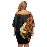 Hawaiian Tropical Plumeria Art Polynesian Tattoo Family Matching Off Shoulder Short Dress and Hawaiian Shirt Black and Autumn Color Theme LT03 - Polynesian Pride