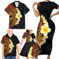 Hawaiian Tropical Plumeria Art Polynesian Tattoo Family Matching Short Sleeve Bodycon Dress and Hawaiian Shirt Black and Autumn Color Theme LT03 - Polynesian Pride