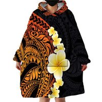 Hawaiian Tropical Plumeria Art Polynesian Tattoo Wearable Blanket Hoodie Black and Autumn Color Theme