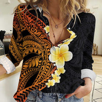 Hawaiian Tropical Plumeria Art Polynesian Tattoo Women Casual Shirt Black and Autumn Color Theme LT03 Female Orange - Polynesian Pride