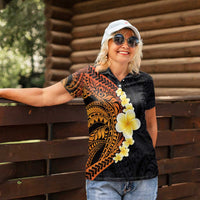 Hawaiian Tropical Plumeria Art Polynesian Tattoo Women Polo Shirt Black and Autumn Color Theme LT03 - Polynesian Pride