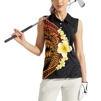 Hawaiian Tropical Plumeria Art Polynesian Tattoo Women Sleeveless Polo Shirt Black and Autumn Color Theme