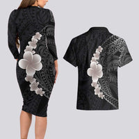 Hawaiian Tropical Plumeria Art Polynesian Tattoo Couples Matching Long Sleeve Bodycon Dress and Hawaiian Shirt Grayscale Color LT03 - Polynesian Pride