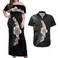 Hawaiian Tropical Plumeria Art Polynesian Tattoo Couples Matching Off Shoulder Maxi Dress and Hawaiian Shirt Grayscale Color LT03 Black - Polynesian Pride