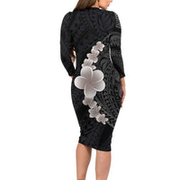 Hawaiian Tropical Plumeria Art Polynesian Tattoo Family Matching Long Sleeve Bodycon Dress and Hawaiian Shirt Grayscale Color LT03 - Polynesian Pride