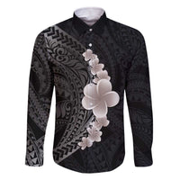 Hawaiian Tropical Plumeria Art Polynesian Tattoo Family Matching Off The Shoulder Long Sleeve Dress and Hawaiian Shirt Grayscale Color LT03 Dad's Shirt - Long Sleeve Black - Polynesian Pride