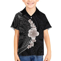 Hawaiian Tropical Plumeria Art Polynesian Tattoo Family Matching Off Shoulder Maxi Dress and Hawaiian Shirt Grayscale Color LT03 Son's Shirt Black - Polynesian Pride