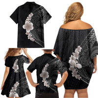 Hawaiian Tropical Plumeria Art Polynesian Tattoo Family Matching Off Shoulder Short Dress and Hawaiian Shirt Grayscale Color LT03 - Polynesian Pride