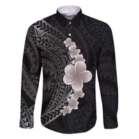 Hawaiian Tropical Plumeria Art Polynesian Tattoo Family Matching Summer Maxi Dress and Hawaiian Shirt Grayscale Color LT03 Dad's Shirt - Long Sleeve Black - Polynesian Pride