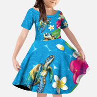 Hawaiian Tropical Flower and Honu Under Blue Water Family Matching Off The Shoulder Long Sleeve Dress and Hawaiian Shirt LT03 Daughter's Dress Blue - Polynesian Pride