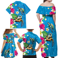 Hawaiian Tropical Flower and Honu Under Blue Water Family Matching Off Shoulder Maxi Dress and Hawaiian Shirt LT03 - Polynesian Pride
