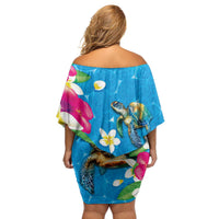 Hawaiian Tropical Flower and Honu Under Blue Water Family Matching Off Shoulder Short Dress and Hawaiian Shirt LT03 - Polynesian Pride