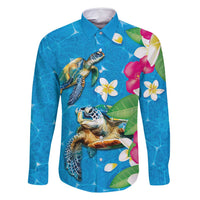 Hawaiian Tropical Flower and Honu Under Blue Water Family Matching Summer Maxi Dress and Hawaiian Shirt LT03 Dad's Shirt - Long Sleeve Blue - Polynesian Pride