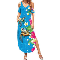 Hawaiian Tropical Flower and Honu Under Blue Water Family Matching Summer Maxi Dress and Hawaiian Shirt LT03 Mom's Dress Blue - Polynesian Pride