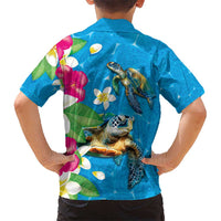 Hawaiian Tropical Flower and Honu Under Blue Water Kid Hawaiian Shirt