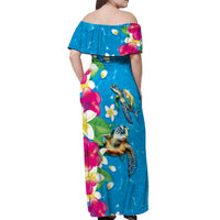 Hawaiian Tropical Flower and Honu Under Blue Water Off Shoulder Maxi Dress