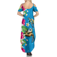 Hawaiian Tropical Flower and Honu Under Blue Water Summer Maxi Dress