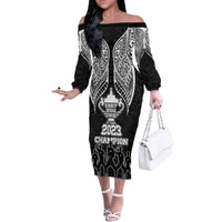 New Zealand Rugby Family Matching Off Shoulder Long Sleeve Dress and Hawaiian Shirt Aotearoa Champion Cup History with Haka Dance LT03 Mom's Dress Black - Polynesian Pride