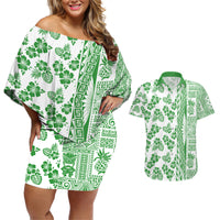 Hawaii Couples Matching Off Shoulder Short Dress and Hawaiian Shirt Aloha Tropical Plants Tribal Pattern Green Version LT03 Green - Polynesian Pride