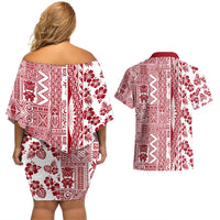 Hawaii Couples Matching Off Shoulder Short Dress and Hawaiian Shirt Aloha Tropical Plants Tribal Pattern Red Version LT03 - Polynesian Pride