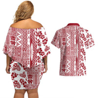 Hawaii Couples Matching Off Shoulder Short Dress and Hawaiian Shirt Aloha Tropical Plants Tribal Pattern Red Version LT03 - Polynesian Pride