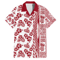 Hawaii Family Matching Off Shoulder Short Dress and Hawaiian Shirt Aloha Tropical Plants Tribal Pattern Red Version LT03 Dad's Shirt - Short Sleeve Red - Polynesian Pride