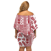 Hawaii Off Shoulder Short Dress Aloha Tropical Plants Tribal Pattern Red Version LT03 - Polynesian Pride