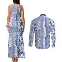 Hawaii Couples Matching Tank Maxi Dress and Long Sleeve Button Shirt Aloha Tropical Plants Tribal Pattern Blue Version LT03 - Polynesian Pride